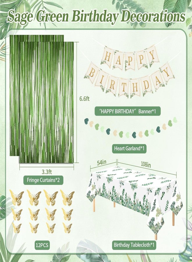 Fantspati Sage Green Birthday Decorations for Women Girls, Beige Gold Green Balloons Birthday Sash Crown Tablecloth Happy Birthday Banner Butterfly Cake Topper Olive Neutral Boho Bday Party Decorations - Image 2